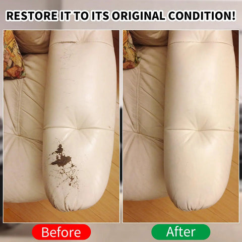 Top Tier Leather Recoloring Balm Plus Deep Color Restorer For Faded Or Split Leather Rapid Dry Beige Repair Compound before and after on leather couch arm.