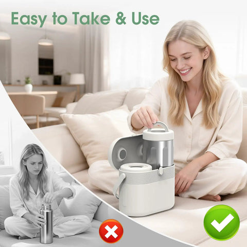 Portable Breast Milk Cooler Keeps 20 Oz Fresh Stash Icy For 24 Hours No Ice Hassle Needed Thanks To Medical Grade Steel Body Leakproof Container shown in use by smiling mom.