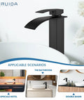 Image of Matte Black Tall Waterfall Vessel Sink Faucet with Large Rectangular Spout in a modern bathroom setting.
