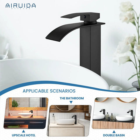 Image of Matte Black Tall Waterfall Vessel Sink Faucet with Large Rectangular Spout in a modern bathroom setting.