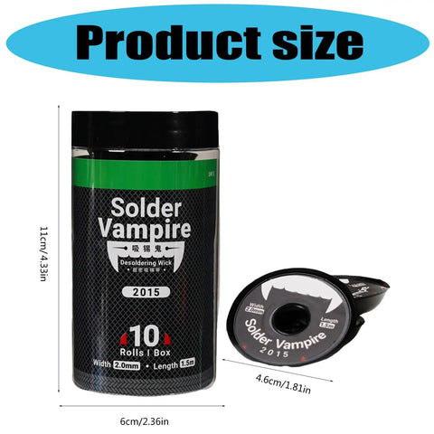 Desoldering Braid For Precision Soldering And PCB Repair, Dense Solder Wicks in box and individual roll, size details visible