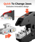 Six Piece Pro Grade Crimping Tool Set With Ratcheting Wire Crimper And Six Interchangeable Dies shown with close-up on die change