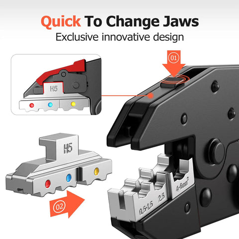 Six Piece Pro Grade Crimping Tool Set With Ratcheting Wire Crimper And Six Interchangeable Dies shown with close-up on die change