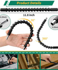 Flexible drill bit extension kit, 11.8-inch shaft; 19-pc set with 2 right-angle attachments and rotating sockets
