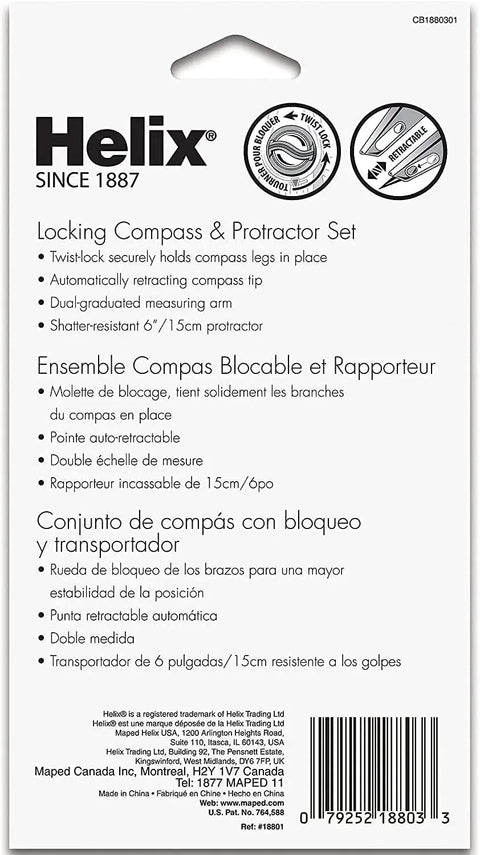 Locking Compass And Protractor Set featuring twist-lock design, 6 inch protractor, and retractable compass tip for precision drafting.
