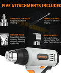 Cordless Heat Gun Kit 20V Max With Lithium Battery, tool showing nozzles for crafts, paint stripping, and shrinking PVC.