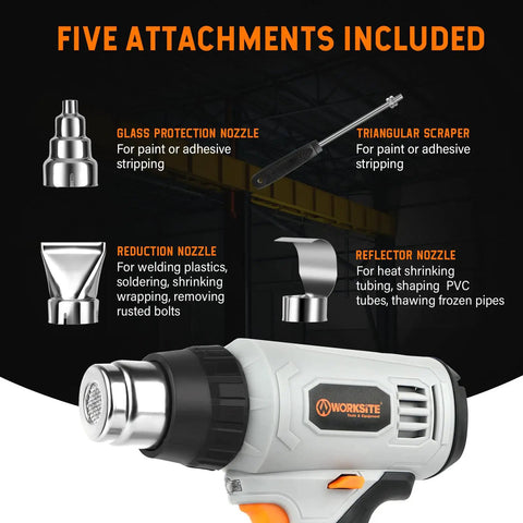 Cordless Heat Gun Kit 20V Max With Lithium Battery, tool showing nozzles for crafts, paint stripping, and shrinking PVC.