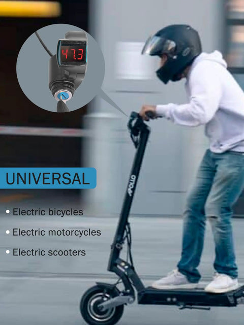 Person using e-scooter with Plug And Play Throttle Control Switch With LCD Voltage Display And Key Lock For E-Scooters, Real Time Voltage Readout.