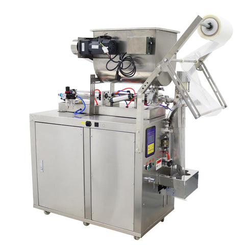 Automatic Paste And Liquid Filling Sealing Machine With Horizontal Mixing Hopper For Chili Sauce And Juice 30 To 300 Ml Bottle Filler viewed from the front.