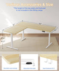 Game Changer L Shaped Standing Desk With Electric Height Adjustment, 63 By 55 Inch Reversible Corner Workspace, Natural Finish showing dimensions and features.