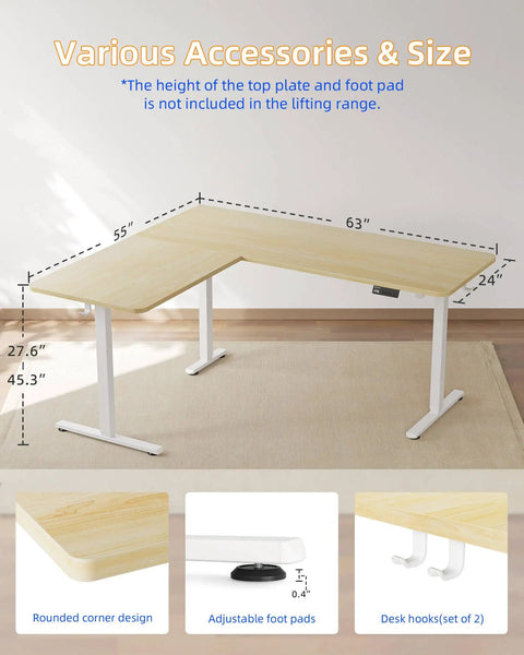 Game Changer L Shaped Standing Desk With Electric Height Adjustment, 63 By 55 Inch Reversible Corner Workspace, Natural Finish showing dimensions and features.