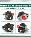 Heavy Duty Push Button Circuit Breaker Replacement Compatible With Mercury Mercruiser Volvo Penta Quicksilver Sierra Marine Applications Straight Fix Works Like A Champ 88-11178A01 multiple angles of marine grade circuit breaker 50A featuring red push button.