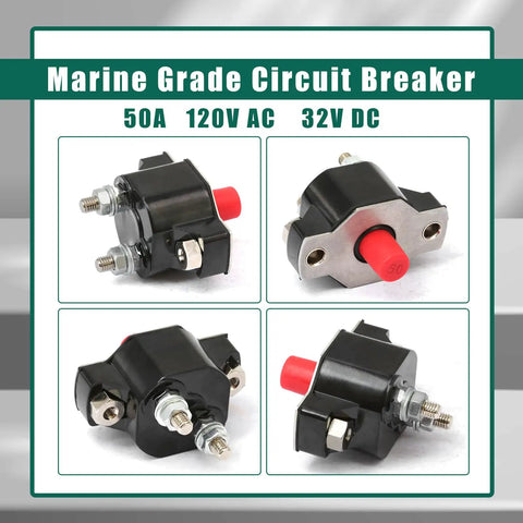 Heavy Duty Push Button Circuit Breaker Replacement Compatible With Mercury Mercruiser Volvo Penta Quicksilver Sierra Marine Applications Straight Fix Works Like A Champ 88-11178A01 multiple angles of marine grade circuit breaker 50A featuring red push button.