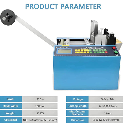 Top Tier Automatic Heat Shrink Tube Cutting Machine With 250W Electric Power, featuring control panel and spooled material.