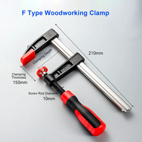 6 Inch Bar Clamp Heavy Duty F Style Clamping Tool With 300lbs Grip Power For Woodworking Projects In The Shop Alloy Steel With ABS Handle And A 5.9 Inch Jaw Opening 1 Pack shown with 210mm bar and 150mm clamping depth