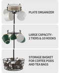 Dope 360 Degree Rotating Mug Holder Tree With Ten Hooks featuring plate organizer, large capacity, and storage basket.