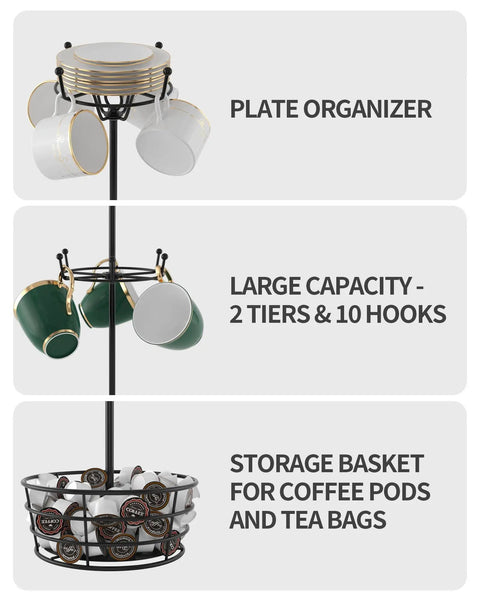 Dope 360 Degree Rotating Mug Holder Tree With Ten Hooks featuring plate organizer, large capacity, and storage basket.