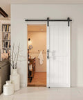 Sliding Barn Door 30x84 Inch With Five Foot Hardware Kit And Handle Floor Guides Pre Drilled Holes Easy Assembly Installation Manual Waterproof PVC Surface H Frame White DIY Friendly installed in home interior