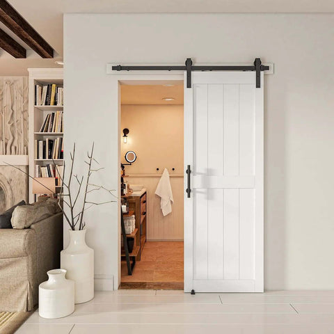 Sliding Barn Door 30x84 Inch With Five Foot Hardware Kit And Handle Floor Guides Pre Drilled Holes Easy Assembly Installation Manual Waterproof PVC Surface H Frame White DIY Friendly installed in home interior