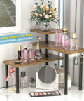 Hella Practical 3 Tier Kitchen Countertop Organizer And Rustic Brown Corner Shelf showcasing perfumes and a mirror, ideal for bathroom use.