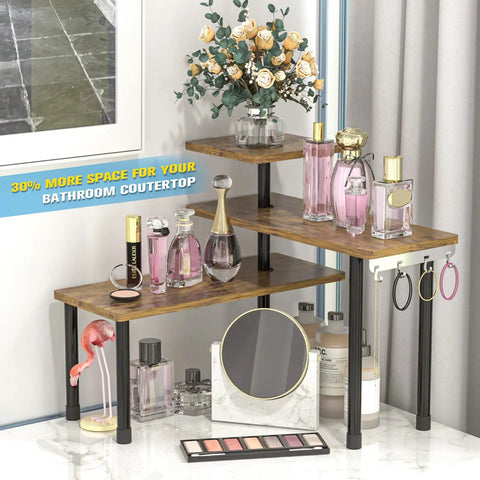 Hella Practical 3 Tier Kitchen Countertop Organizer And Rustic Brown Corner Shelf showcasing perfumes and a mirror, ideal for bathroom use.