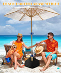 Family seated on a beach with umbrella supported by Fillable Sand Bags For Umbrella Bases With 2 Hanging Hooks, 600D Oxford fabric.