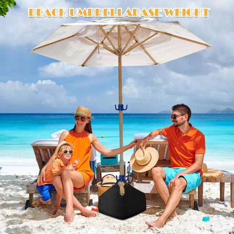Family seated on a beach with umbrella supported by Fillable Sand Bags For Umbrella Bases With 2 Hanging Hooks, 600D Oxford fabric.