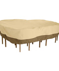 Water Resistant 108 Inch Rectangular Oval Patio Table And Chair Cover With Bound Seams High Density Stitching Padded Handles And Matching Webbing Fits 108 Inch Long 82 Inch Wide 23 Inch High Tables And Six Chairs Two Year Warranty installed view