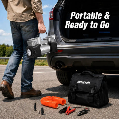 This slick 12V Tire Inflator Is A Total Game Changer With Its Fast Dual-Cylinder Pump That Delivers Up To 150 PSI Of Rock Solid Air Pressure For Your Car, Truck, SUV Or RV Making It The Ultimate Portable Emergency Tool Everyone Needs