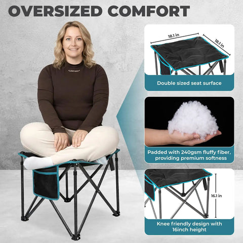 Oversized Padded Camping Stool For Adults, 18.1 Inch Wide Seat on display with thick cotton cushion and anti-slip feet