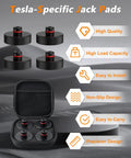 Front view of four Tesla jack pads and storage case; black rubber pucks with red rings.