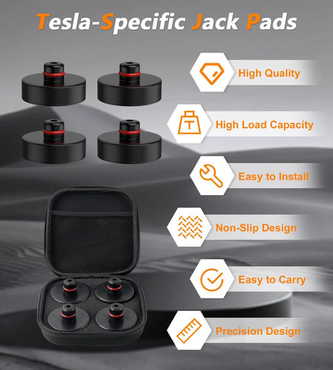 Front view of four Tesla jack pads and storage case; black rubber pucks with red rings.