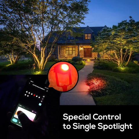 Seriously Slick Smart Outdoor RGBW Landscape Lights 5 Pack with app control illuminating garden and trees
