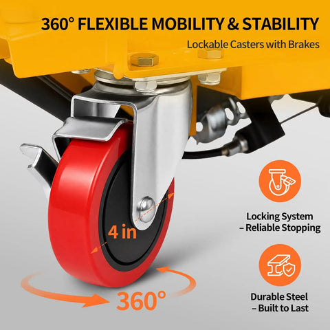 Heavy Duty Hydraulic Lift Table Cart Supporting 400 Pounds Featuring Built Like A Tank Steel Frame And Smooth Foot Pump For No Sweat Loading Plus Easy Hauling Across Shop Floors, close-up of 4-inch lockable caster wheel.