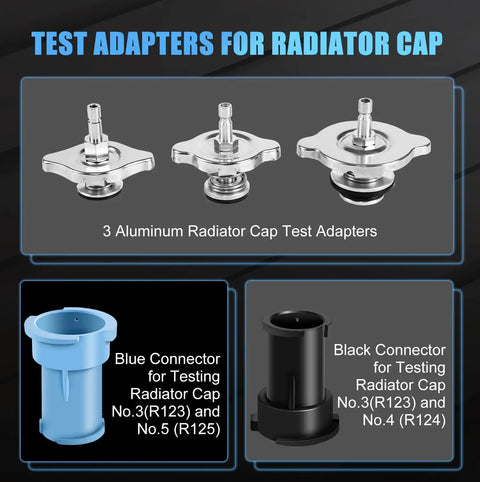 Test adapters for All In One Radiator Pressure Leak Tester And Vacuum Cooling System Purge Kit, includes aluminum adapters