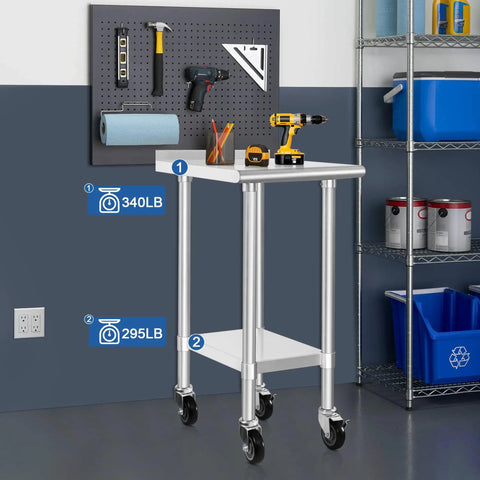 Pro Grade Stainless Steel Commercial Work Table With Wheels For Kitchens And Labs, 24x24 Inch Prep Surface with tools
