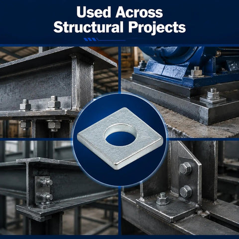 Twelve Piece Heavy Duty Beveled Wedge Washers Engineered For Zero Slack Shim Leveling Solid Bolt Stabilizer That Locks Down Tight For Outdoor Framing And Construction Projects showing washers on structural steel.