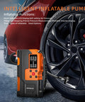 All In One Jump Starter With Air Compressor On The Go 4000A Portable Battery Pack inflating car tire next to vehicle