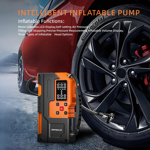 All In One Jump Starter With Air Compressor On The Go 4000A Portable Battery Pack inflating car tire next to vehicle