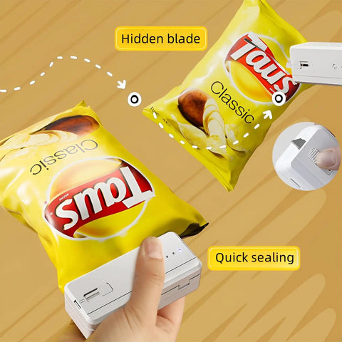 Hand using 2 In 1 Bag Sealer And Cutter Portable USB Rechargeable Heat Sealer on yellow snack bag with hidden blade and quick sealing