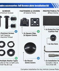 Top Shelf Anti Theft License Plate Screw Kit Featuring Tamper Proof Stainless Steel Fasteners With Security Nuts And Caps To Lock Your Car Tags Down In Sleek Black Finish installation kit parts including screws, fasteners, washers, and tools.
