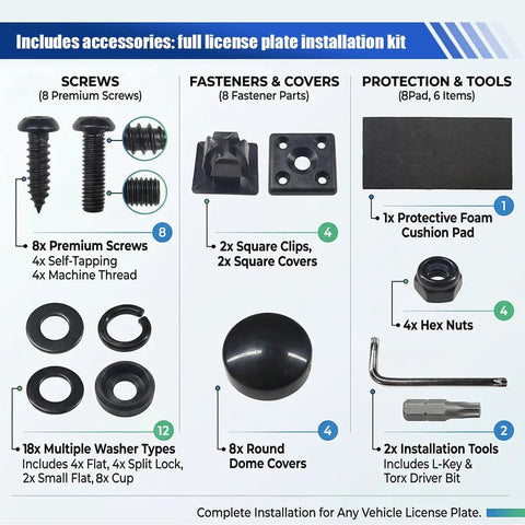 Top Shelf Anti Theft License Plate Screw Kit Featuring Tamper Proof Stainless Steel Fasteners With Security Nuts And Caps To Lock Your Car Tags Down In Sleek Black Finish installation kit parts including screws, fasteners, washers, and tools.