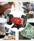 No-Nonsense Bench Grinder Featuring Quiet Brushless Motor 550 Watt Spinning At 2950 Rpm with 36 and 80 grit wheels in workshop.
