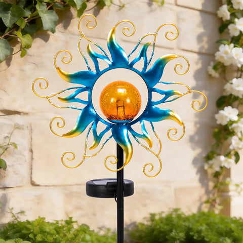 Outdoor Light Stakes for Garden Decor With Blue Metal Sun Crackle Glass Globes Waterproof 30 LED Pathway Lawn Yard Patio Lights Warm Fixed Glow