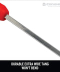 Premium Stainless Steel ComfortGEL All In One Hoe Cultivator With Comfy Grip For Weeding, Soil Aeration, And Bed Prep, Rust Resistant Garden Tool In Red showing durable extra wide tang