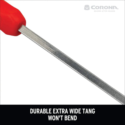 Premium Stainless Steel ComfortGEL All In One Hoe Cultivator With Comfy Grip For Weeding, Soil Aeration, And Bed Prep, Rust Resistant Garden Tool In Red showing durable extra wide tang