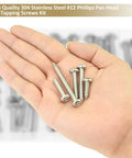 Heavy Duty Size 12 Phillips Pan Head Self Tapping Screw And Wood Screw Assortment Kit Featuring Top Shelf 304 Stainless Steel Construction in hand.