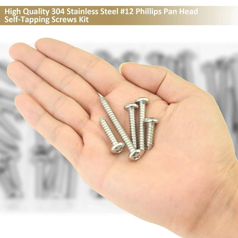 Heavy Duty Size 12 Phillips Pan Head Self Tapping Screw And Wood Screw Assortment Kit Featuring Top Shelf 304 Stainless Steel Construction in hand.