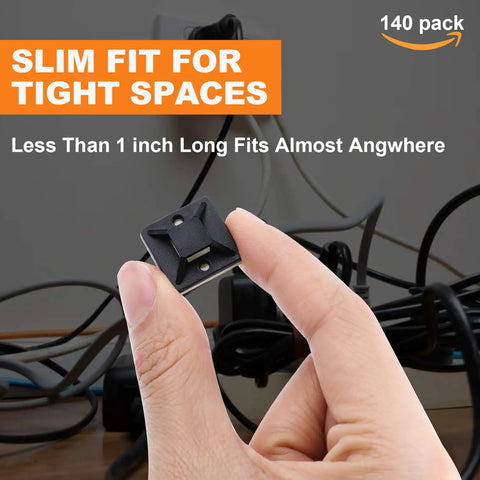 Hand holding cable clip from All-In-One Zip Tie Adhesive Mount Kit With 140 Pack Three Quarter Inch Cable Ties, Black