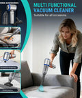 Person cleaning a couch with 2 In 1 Mini Car Vacuum And Air Duster Wireless Handheld Vacuum With Blower Function Brushless Motor 27000 Pa Powerful Suction 9000 mAh Battery Long Life Portable For Car Office And Home